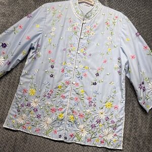 Vintage Chuchi Philippines Blue Floral Embroidered Jacket Medium 3/4 Sleeve Boho